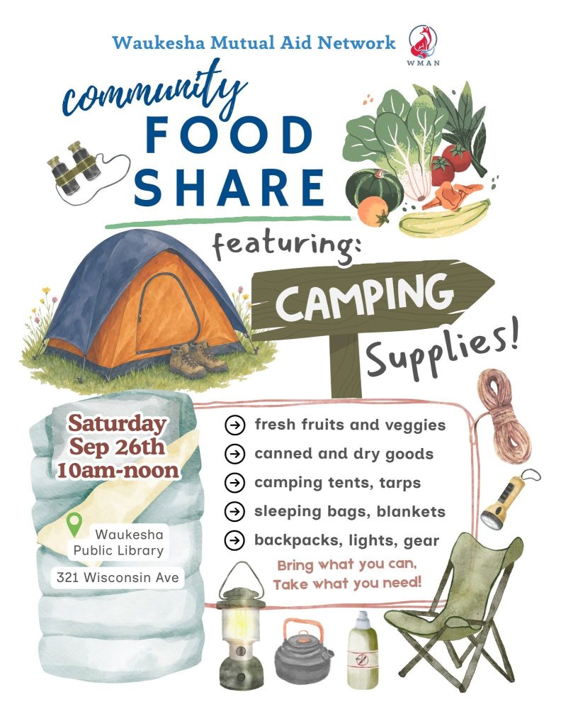 Waukesha Mutual Aid Network food share featuring camping supplies 